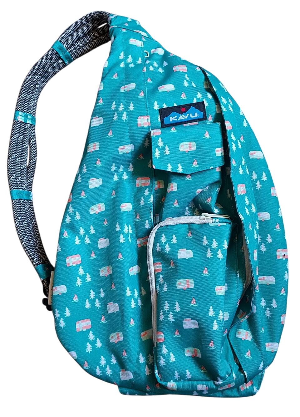 KAVU Canvas Rope Sling Bag Crossbody Style Camping Theme Mint Green 5 Pockets